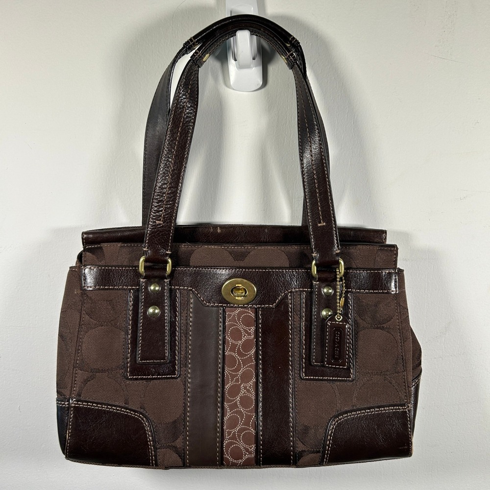 Coach Signature C Jacquard Leather Trim Shoulder Bag Brown Brass Hardware